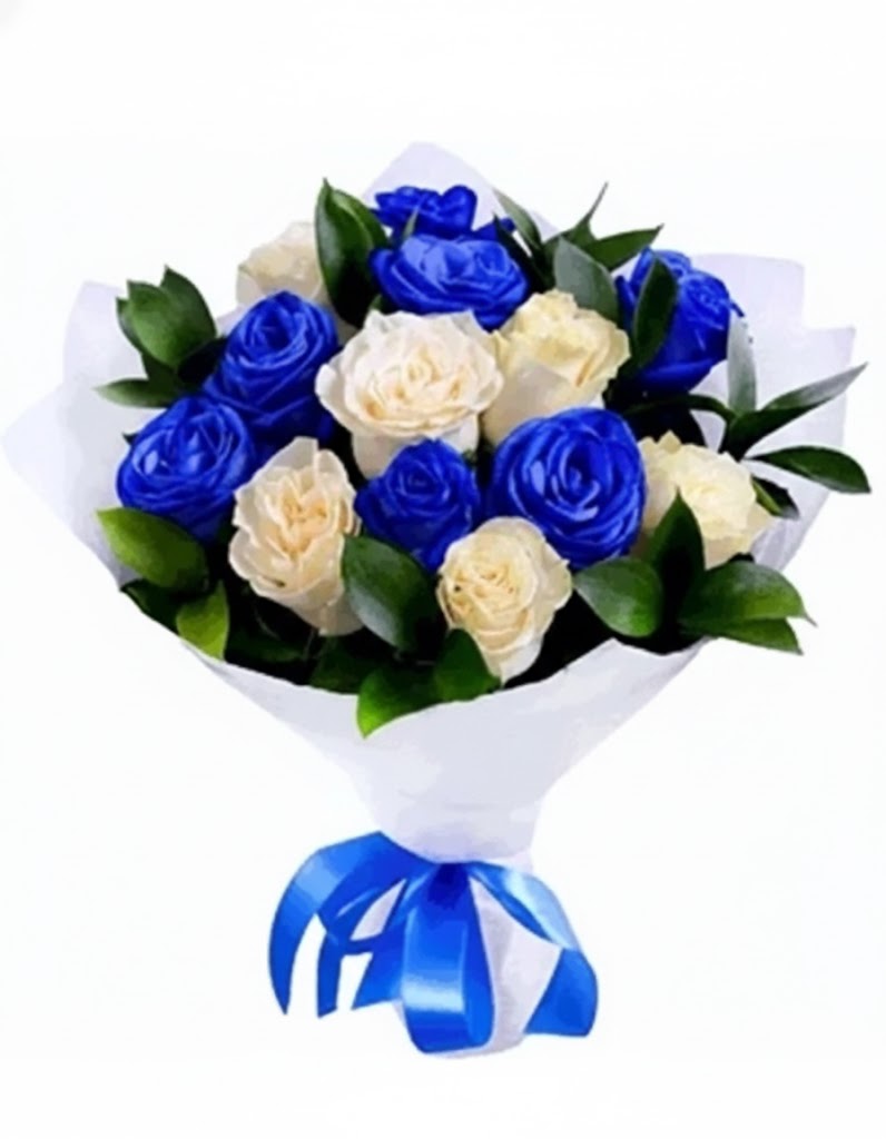 Ramo de 13 rosas blancas y azules - Product image