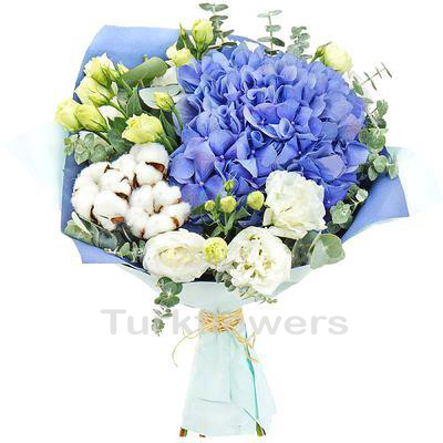 Blue Hydrangea & Cotton Bouquet - Product image