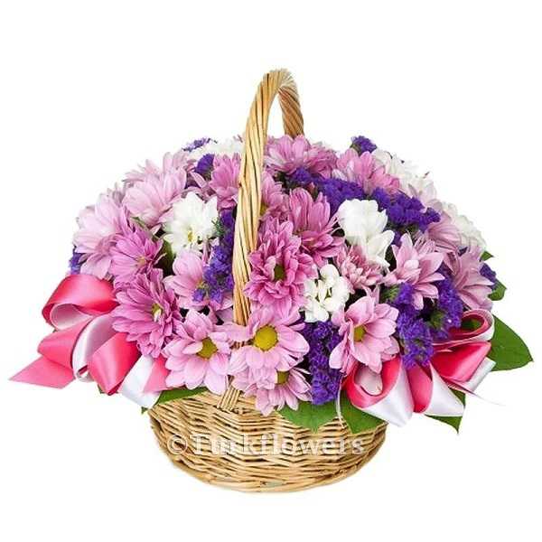 Cesta de margaritas rosas y moradas - Product image