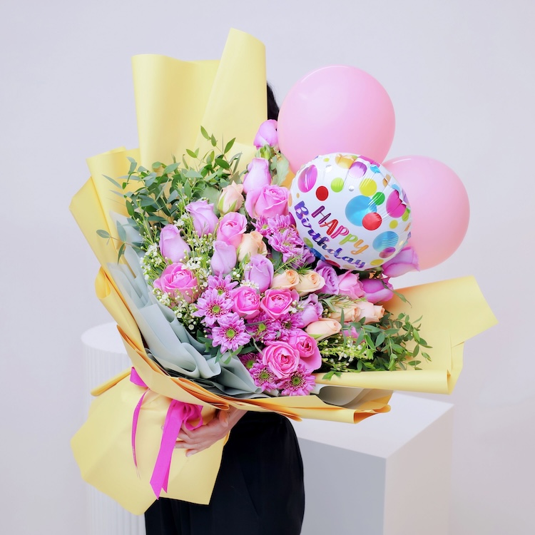 Happy Birthday Pink Flower Bouquet - Gallery image