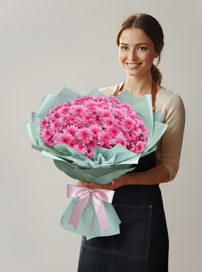 Ramo de 15 crisantemos rosas - Gallery image