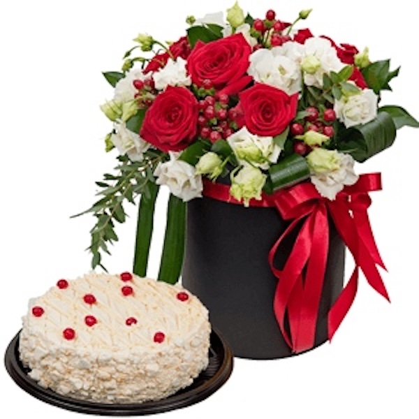 Caja de rosas rojas con pastel - Product image