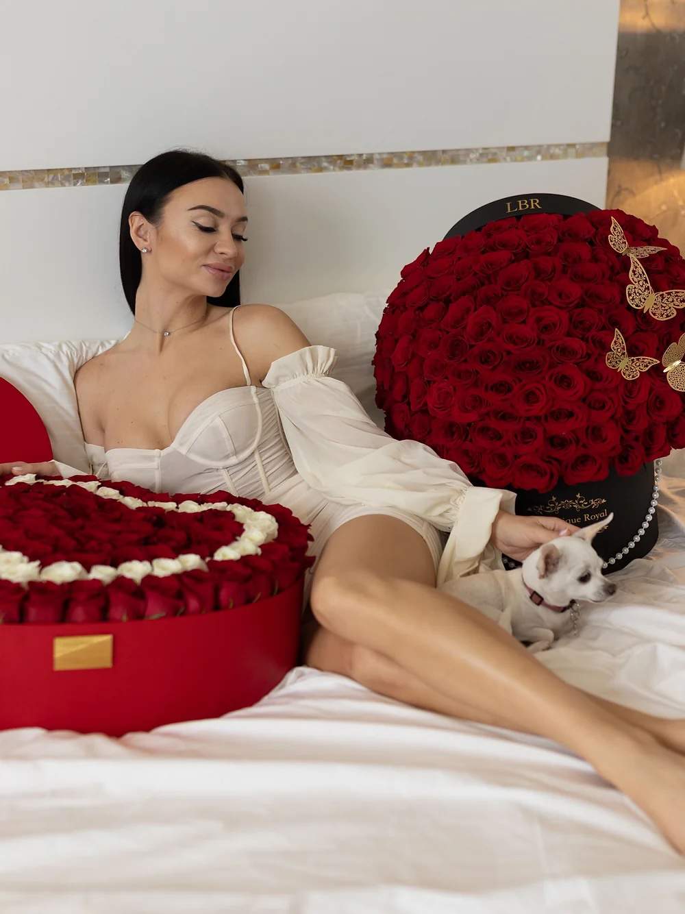 Heart Box with 75 Red and White Roses - Gallery image