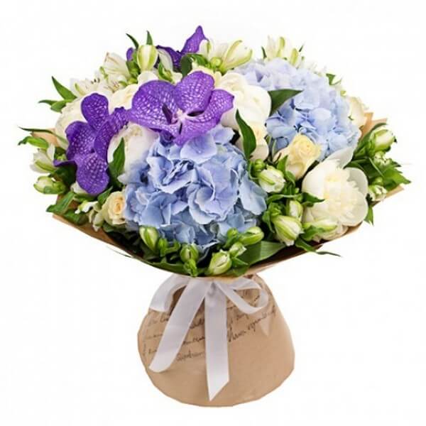 Ramo de hortensias azules y orquídeas moradas - Product image