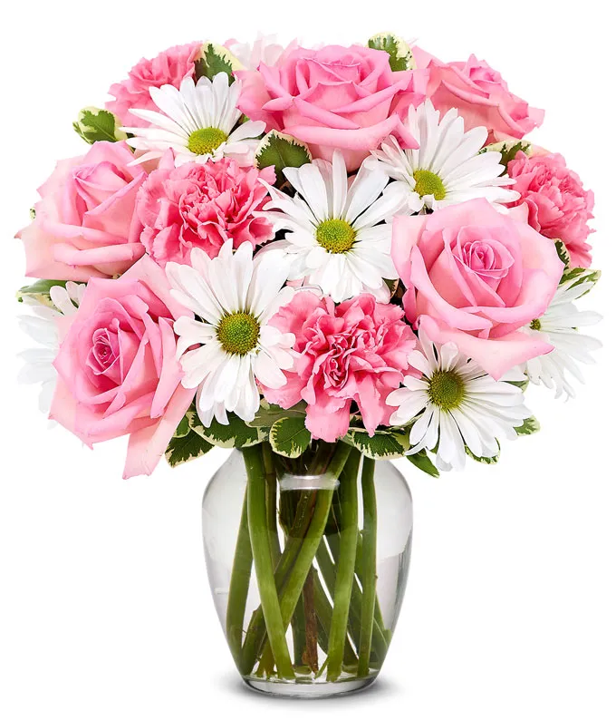 Pink Elegance – Roses, Carnations & Daisies in Vase - Product image