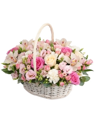 Elegante cesta de flores rosas y blancas - Product image