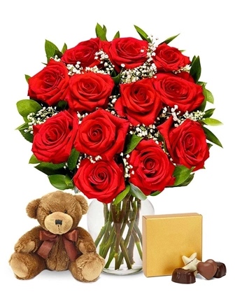 12 rosas rojas con chocolate y osito de peluche - Product image