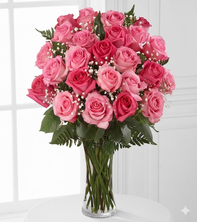 24 rosas rosadas en un jarrón - flores de primavera
