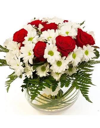 Red Roses and White Daisies in Vase - Bilecik