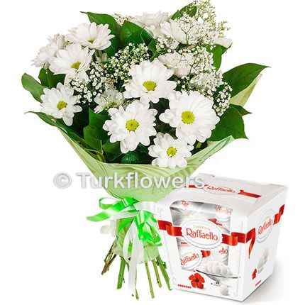 White Daisy Bouquet with Raffaello Chocolates - Bilecik