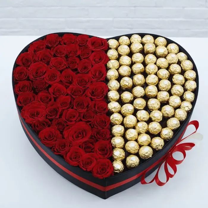 Box of red roses with ferroro - Eid Flowers & Gifts - Bilecik