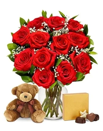 12 Red Roses with Chocolate & Teddy Bear - Flower delivery in Turkey